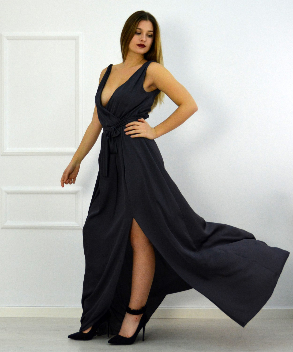 Γυναικείο maxi φόρεμα μαύρο κρουαζέ 8016279